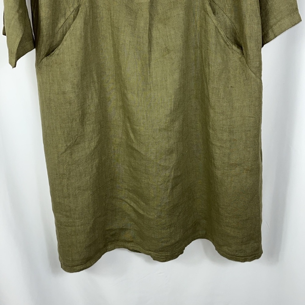 NWT Elena Baldi dress midi linen pockets roll tab sleeves Army Green Sz L - Picture 4 of 10